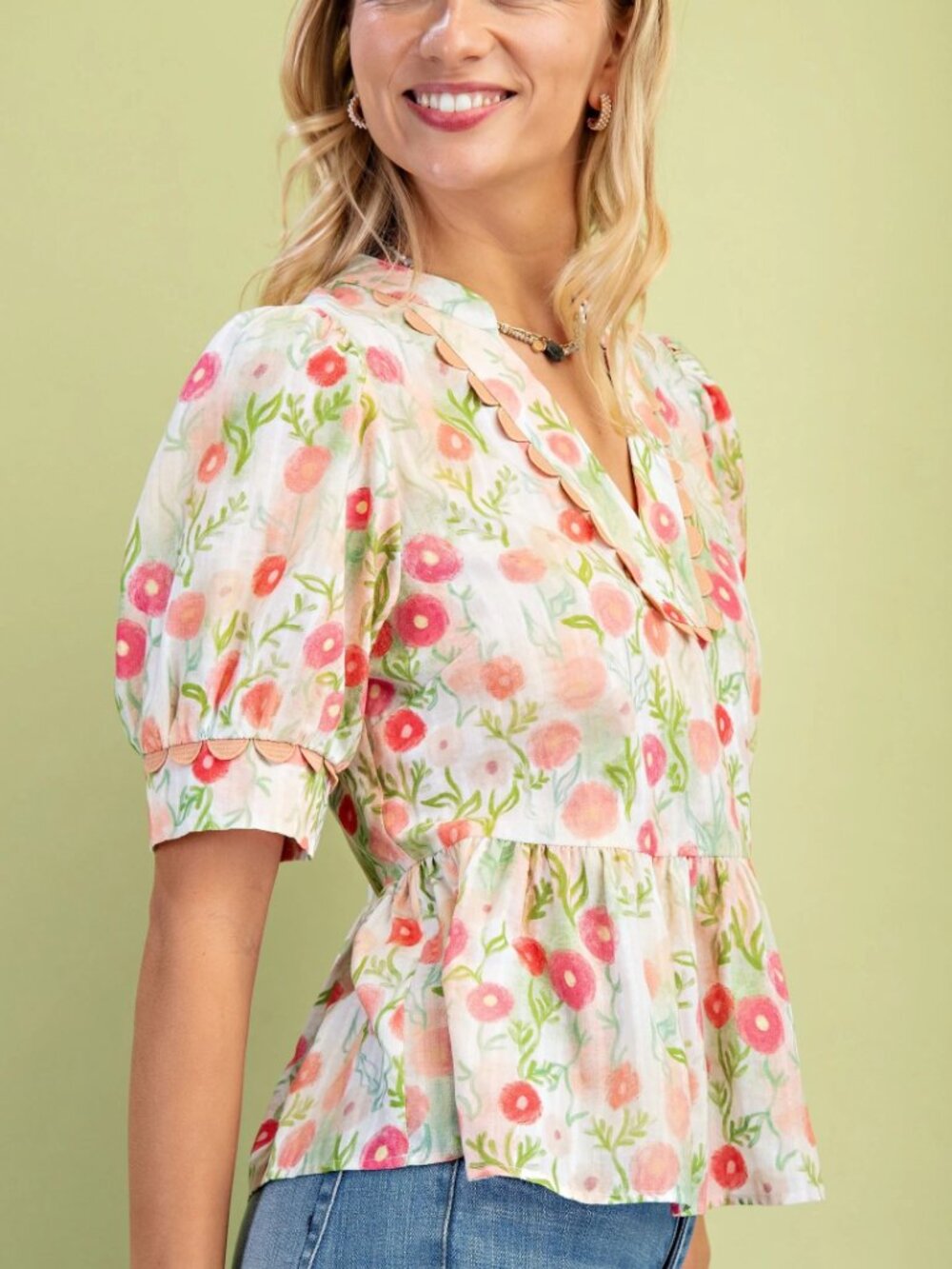 Floral Pullover Babydoll Top with ric rac - Picture 3 of 4